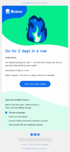 Busuu's email motivating users to to keep their language-learning streak for a second day in a row