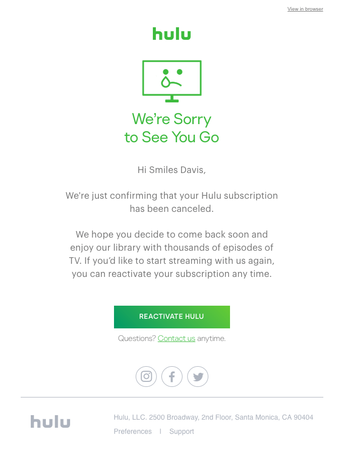 Hulu confirmation email