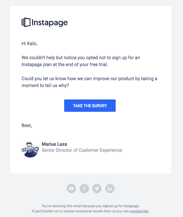 Instapage post trial survey email example
