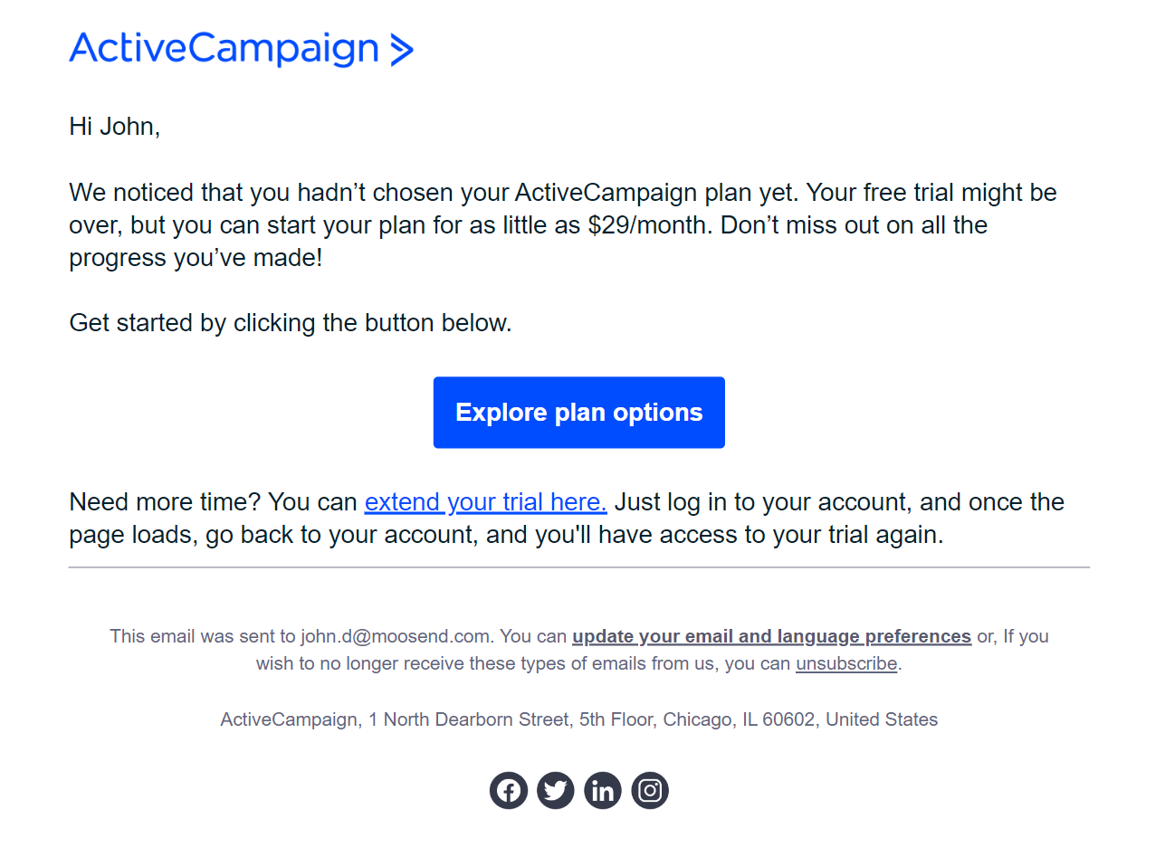 activecampaign expired trial onboarding email