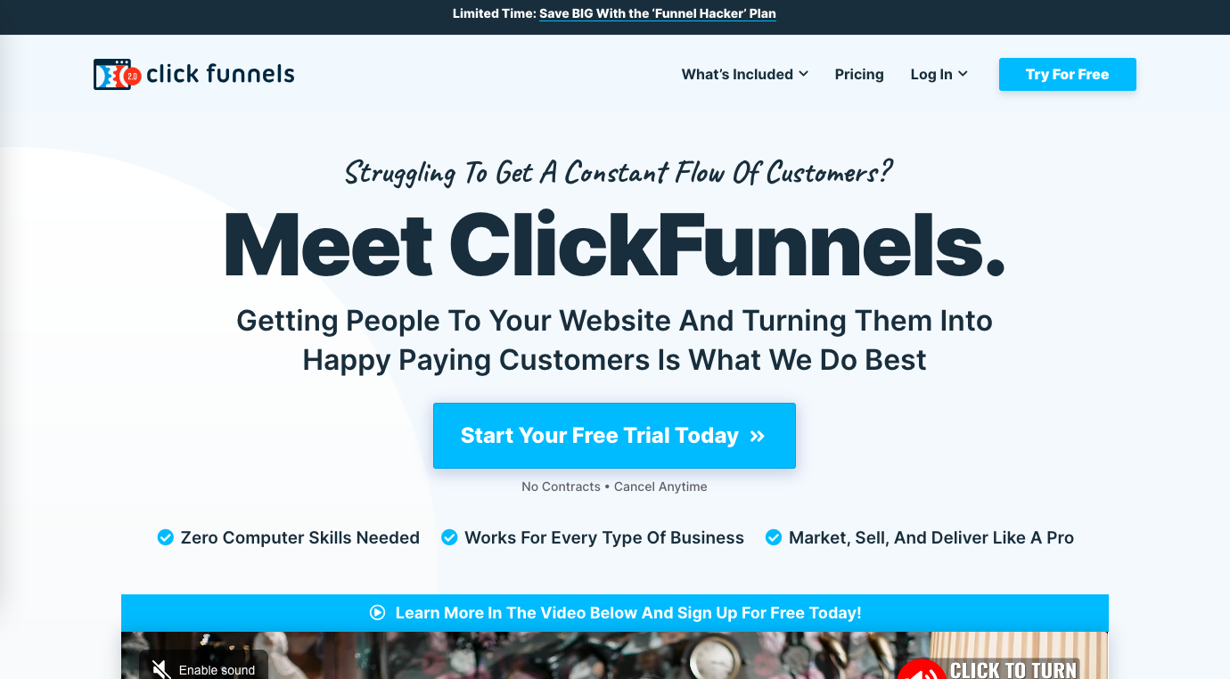 A description of ClickFunnels' homepage