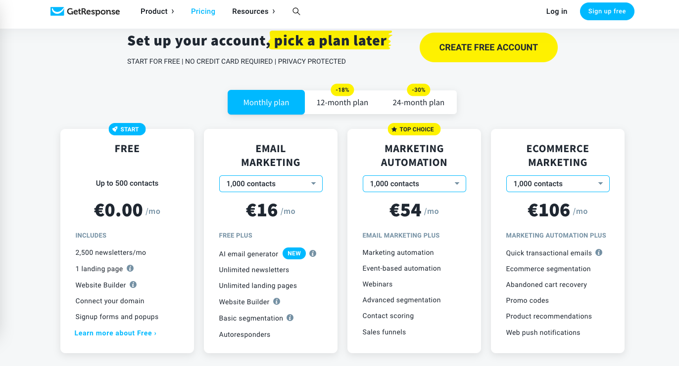 Screenshot of the typical pricing plans that GetResponse offers