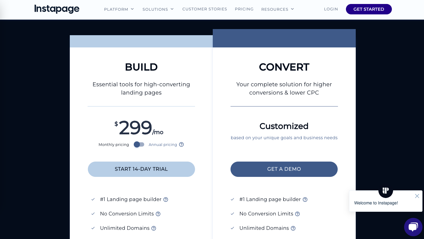 Instapage pricing plans as seen on its website