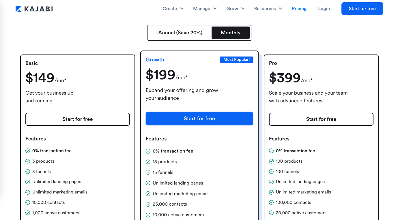 Screenshot of the typical pricing plans that Kajabi offers 