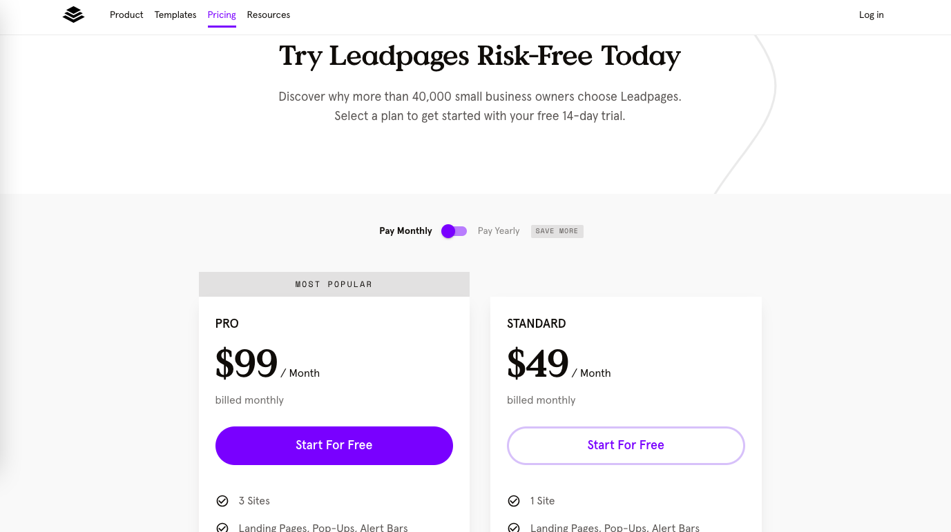Screenshot of the typical pricing plans that Leadpage offers