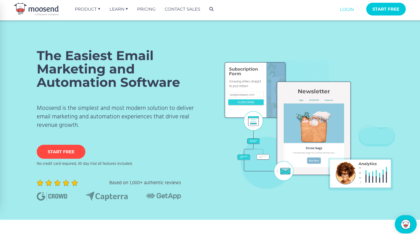A screenshot of Moosend’s homepage showing their web copy as well as mock-ups of some of the email automation features.