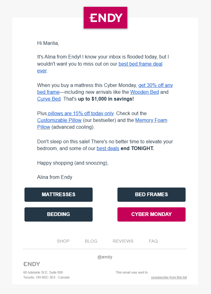 endy personalized email example