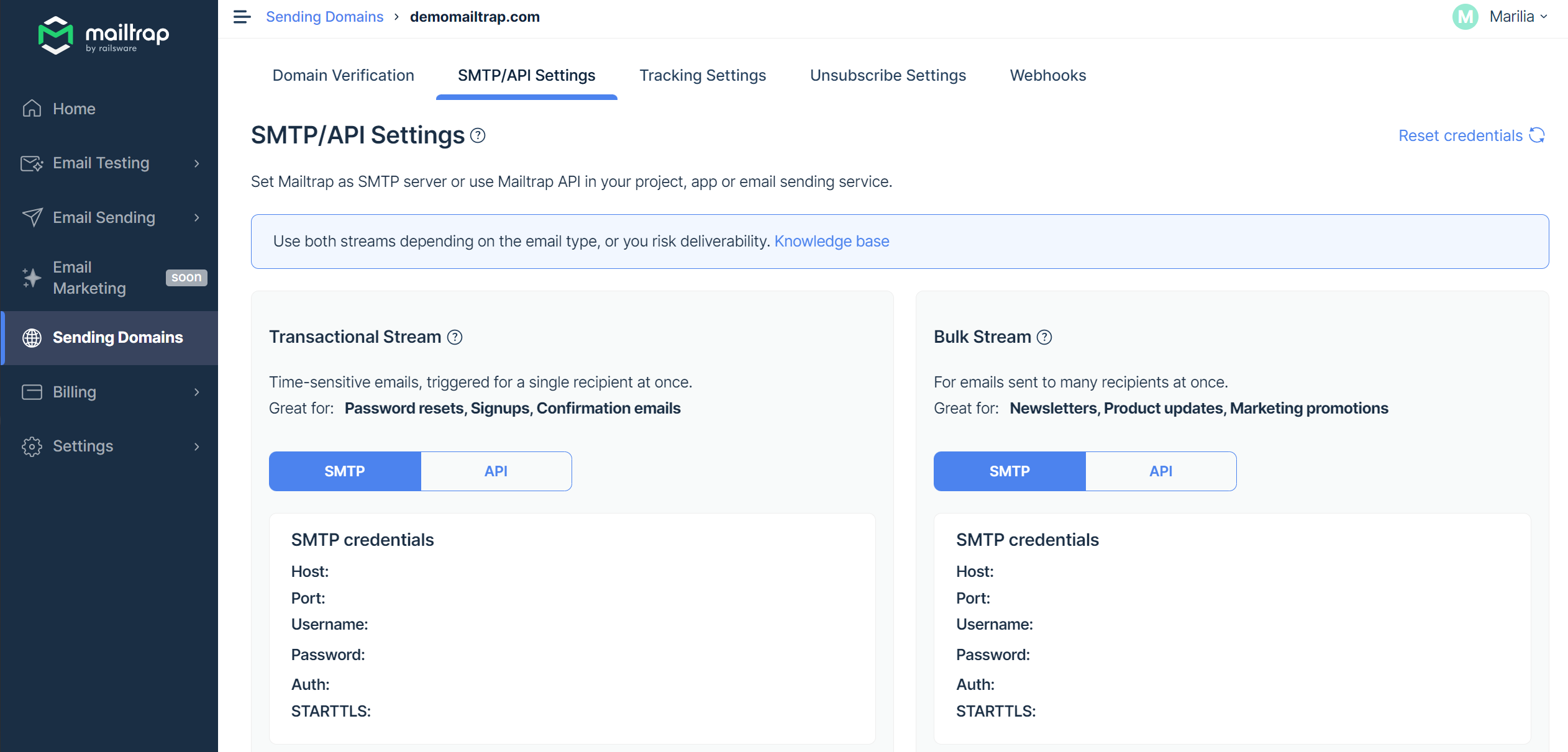 mailtrap transactional email service dashboard