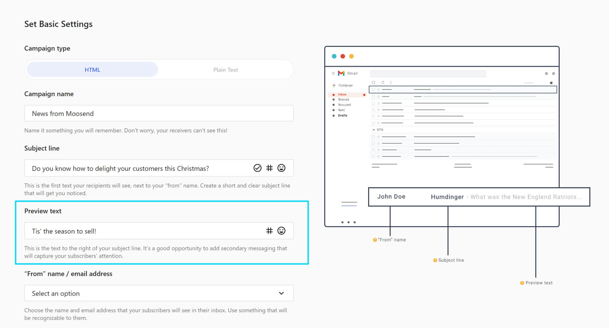 Moosend's dashboard showing email preview text functionality