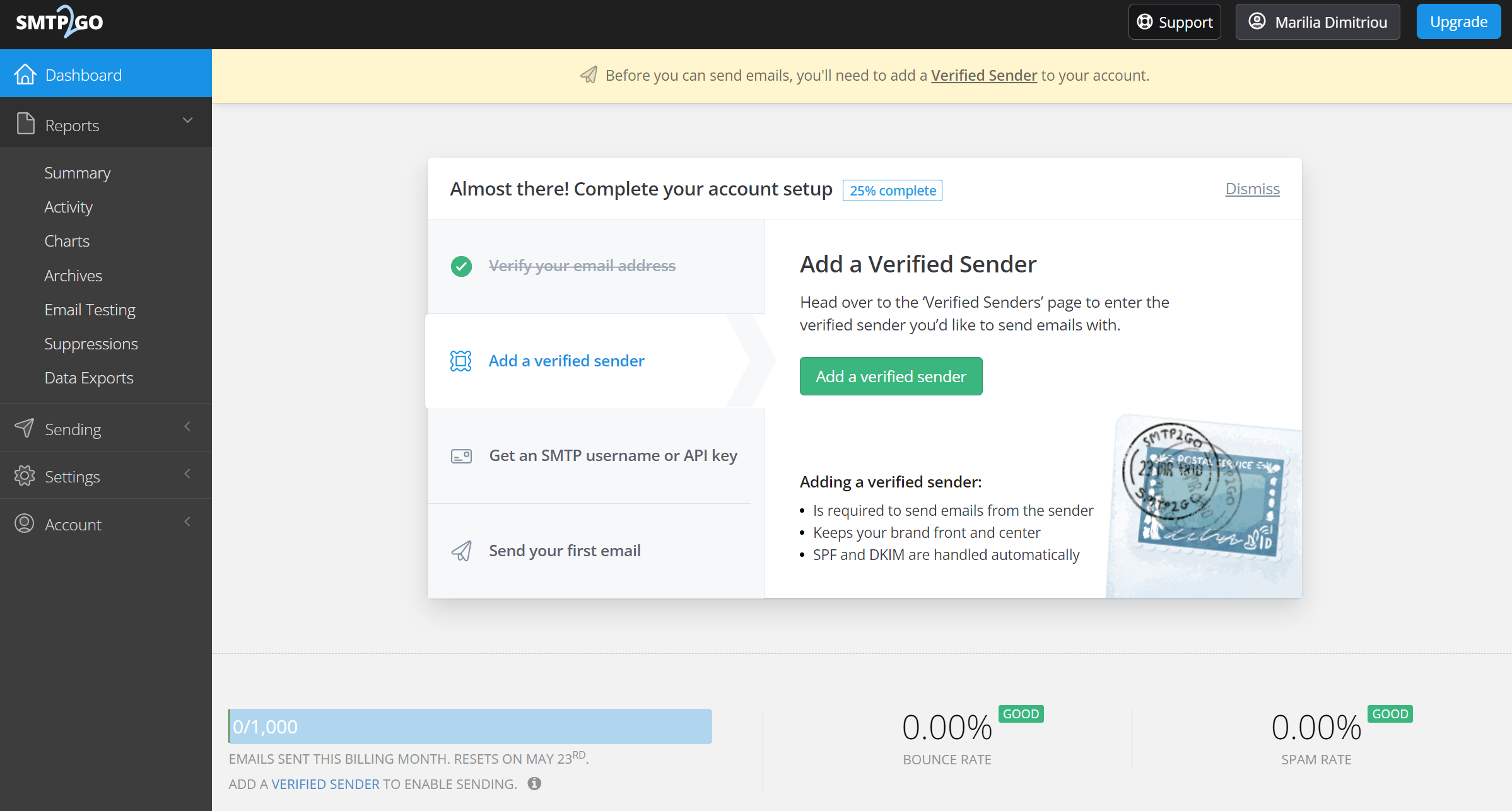 smtp2go dashboard