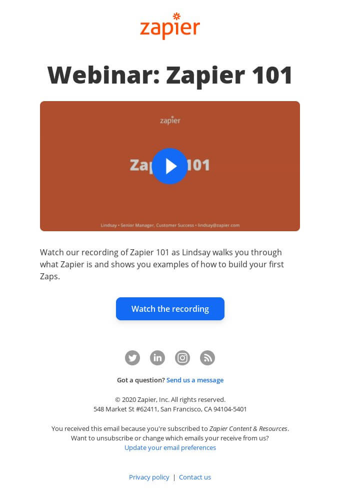 Webinar invitation email example by Zapier
