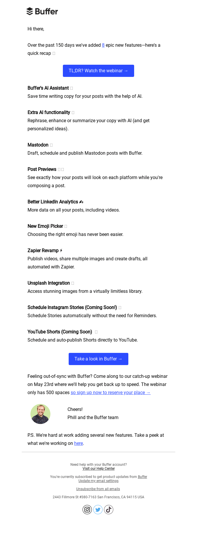 Buffer new feature update through email