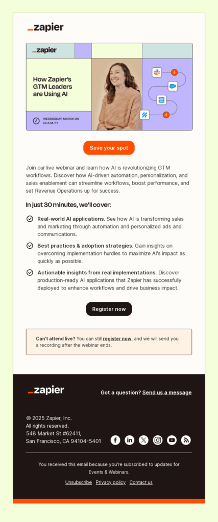 Zapier webinar email example Zapier webinar email example