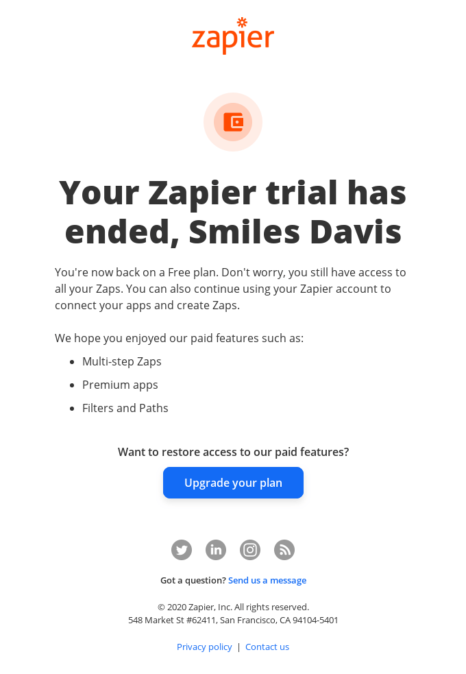 Zapier's email message to inform users that their trial has expired