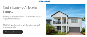 Lennar's landing page with quiz