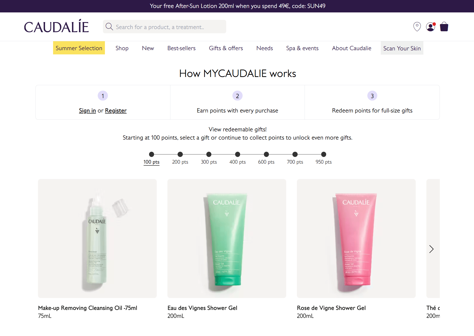 caudalie rewards system with visual points representation 