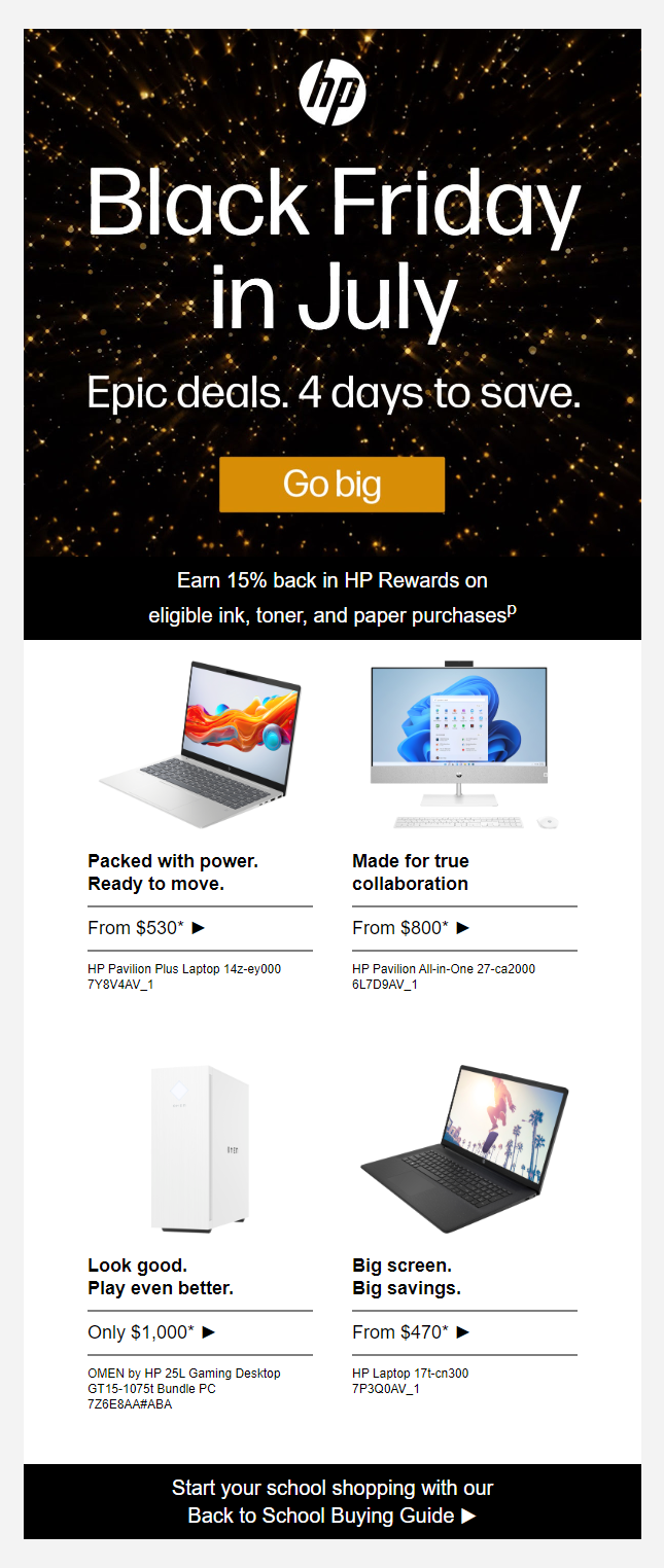 hp email example for black friday in july