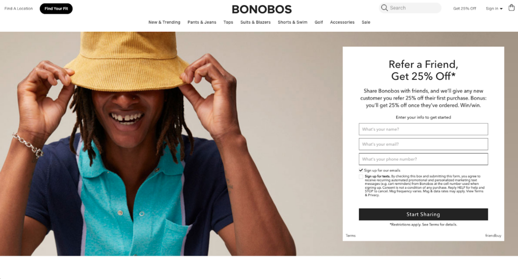 Bonobos referral program landing page