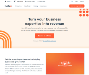 HubSpot's affiliate page