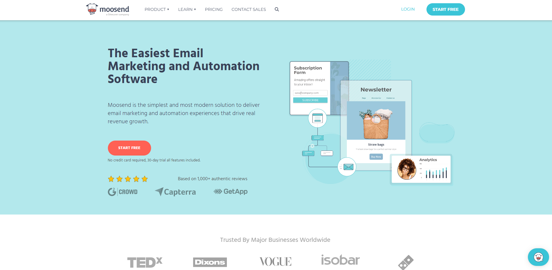 A screenshot of Moosend’s homepage showing their web copy as well as mock-ups of some of their email automation features.