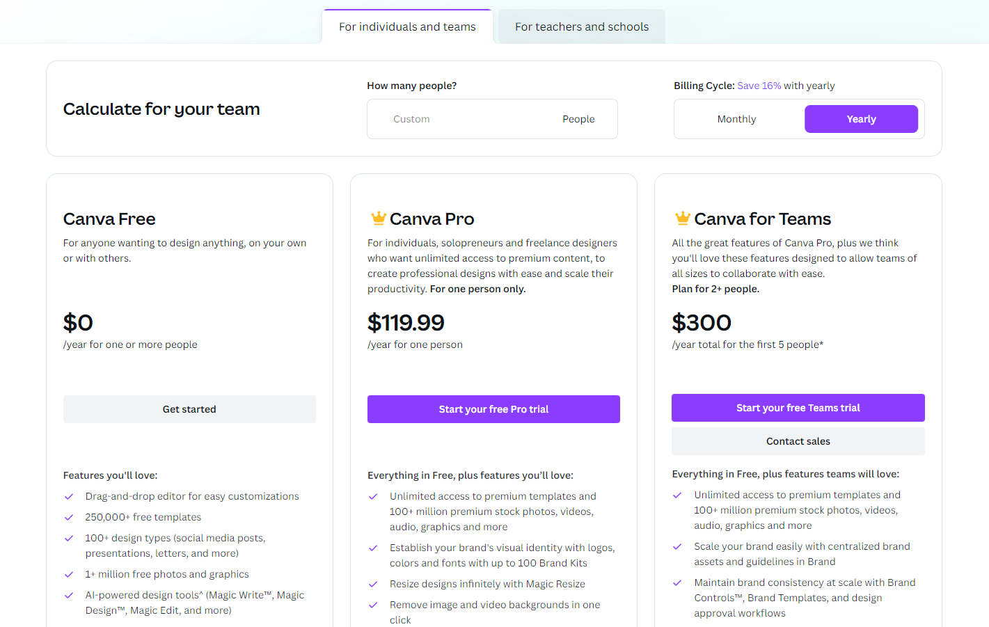 canva pricing page