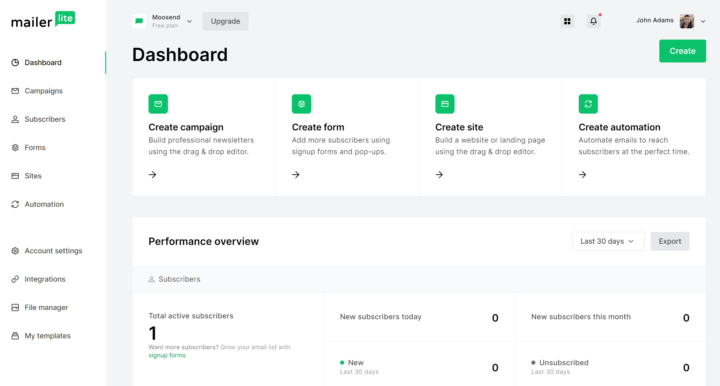 mailerlite main dashboard