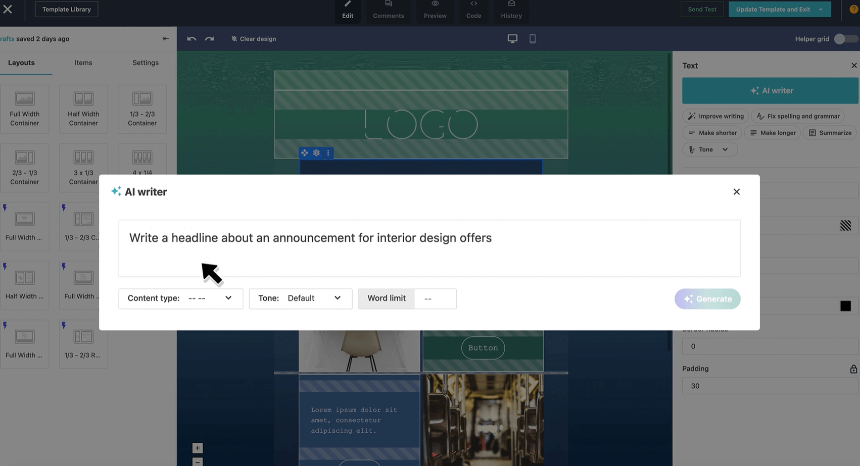 moosend ai writer integrated into the email builder