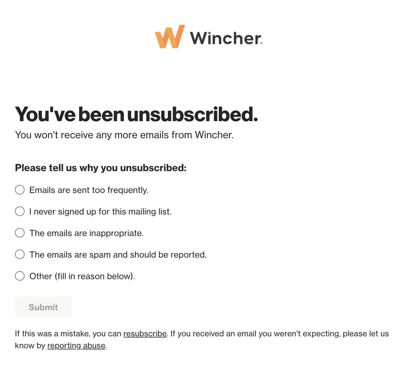 wincher unsubscribe confirmation 