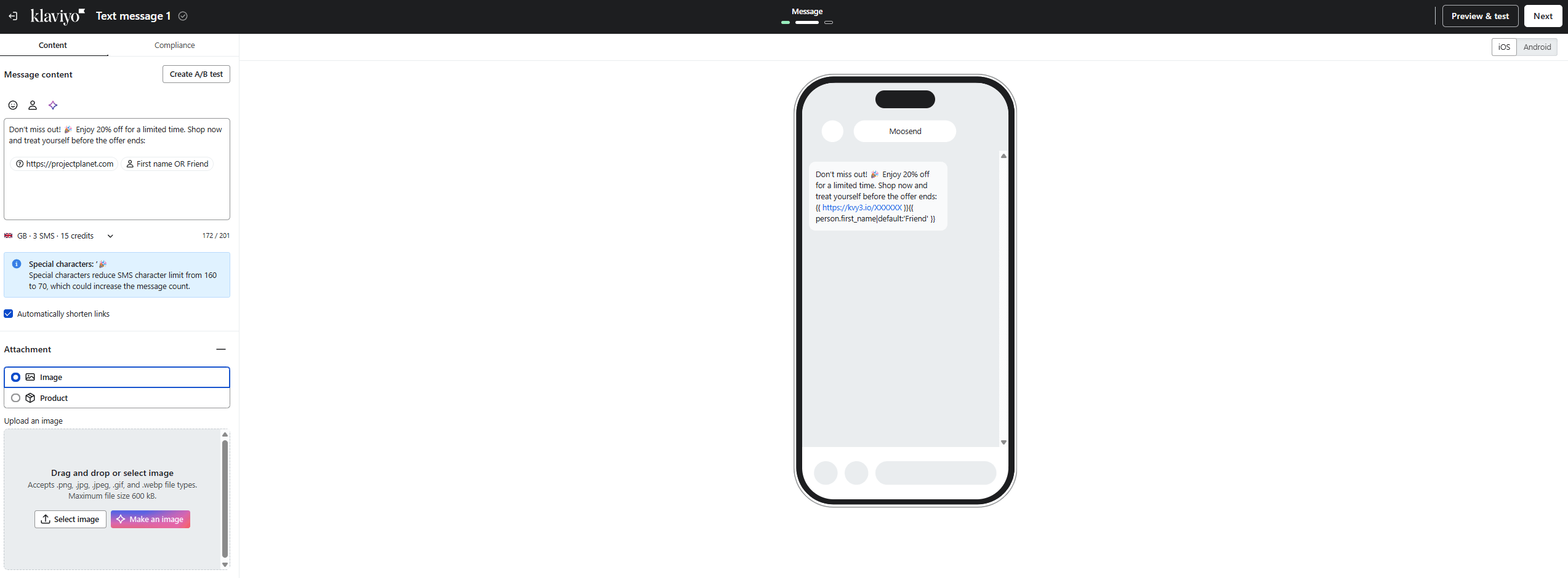 creating SMS with Klaviyo SMS creation in Klaviyo's campaign builder