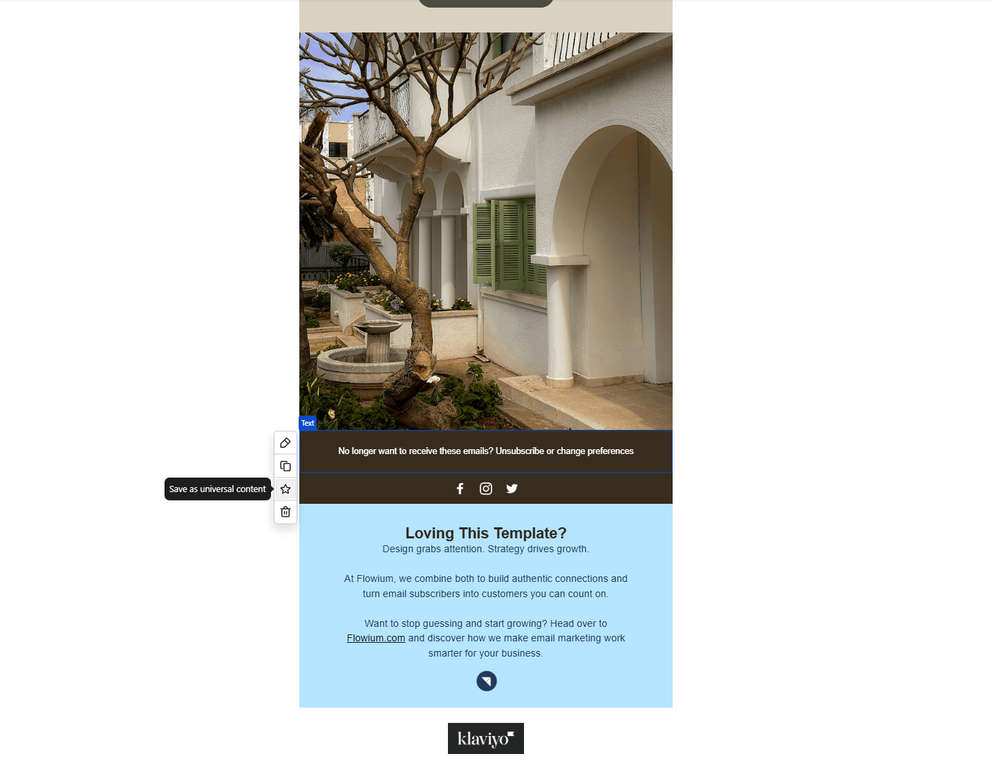 universal feature save as universal content option in Klaviyo's editor
