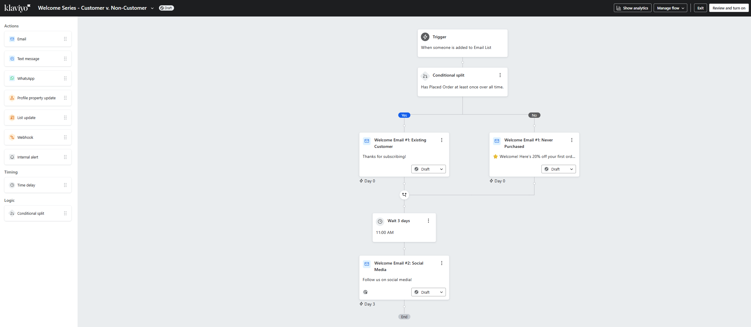 Klaviyo's workflow builder welcome series for customers and non-customers in Klaviyo's workflow builder