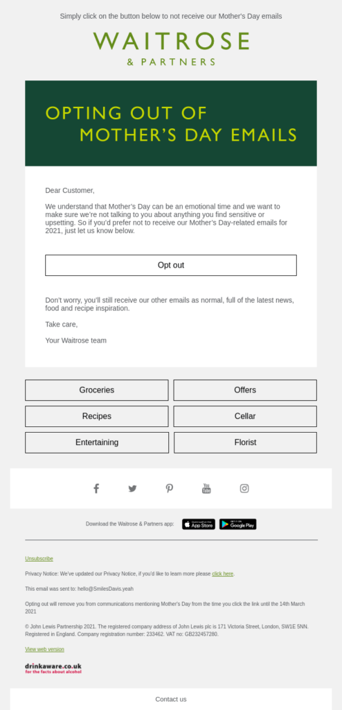 Waitrose Mother's Day opt-out email