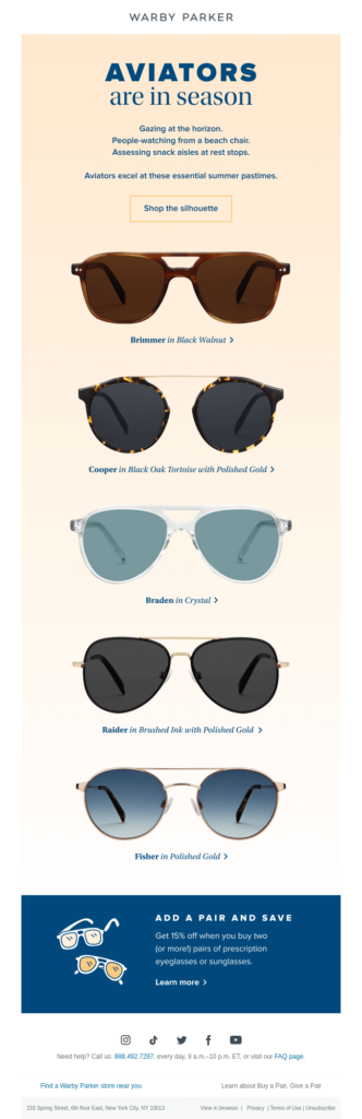 Warby Parker summer email example