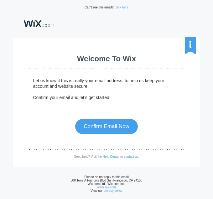 Wix account creation email example