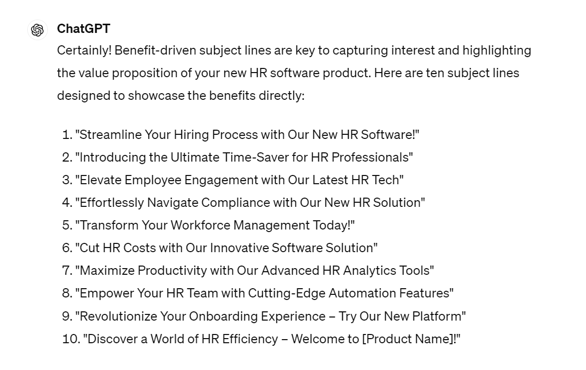 Benefit-driven subject lines chatgpt