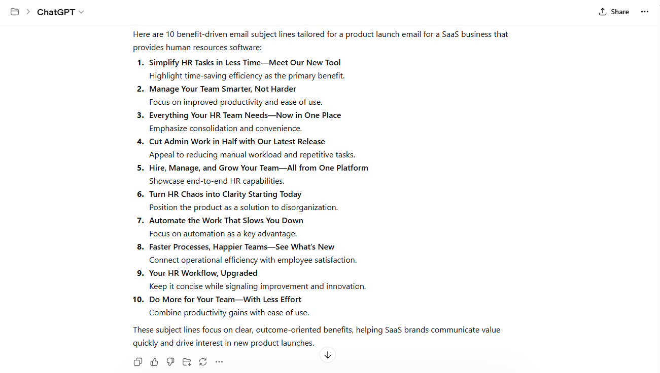 Chatgpt benefit driven subject lines prompt saas