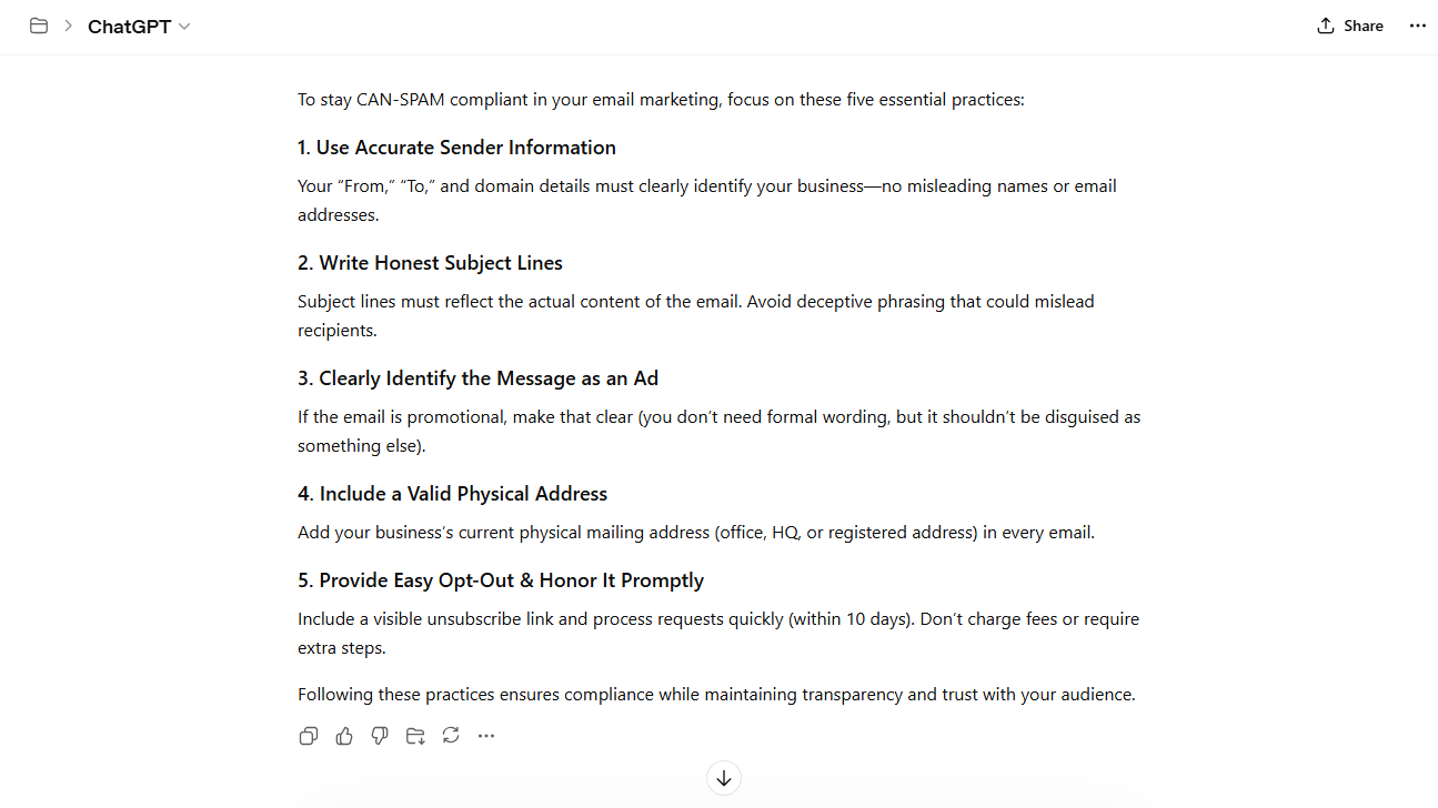 Chatgpt CAN-SPAM Act compliance tips prompt