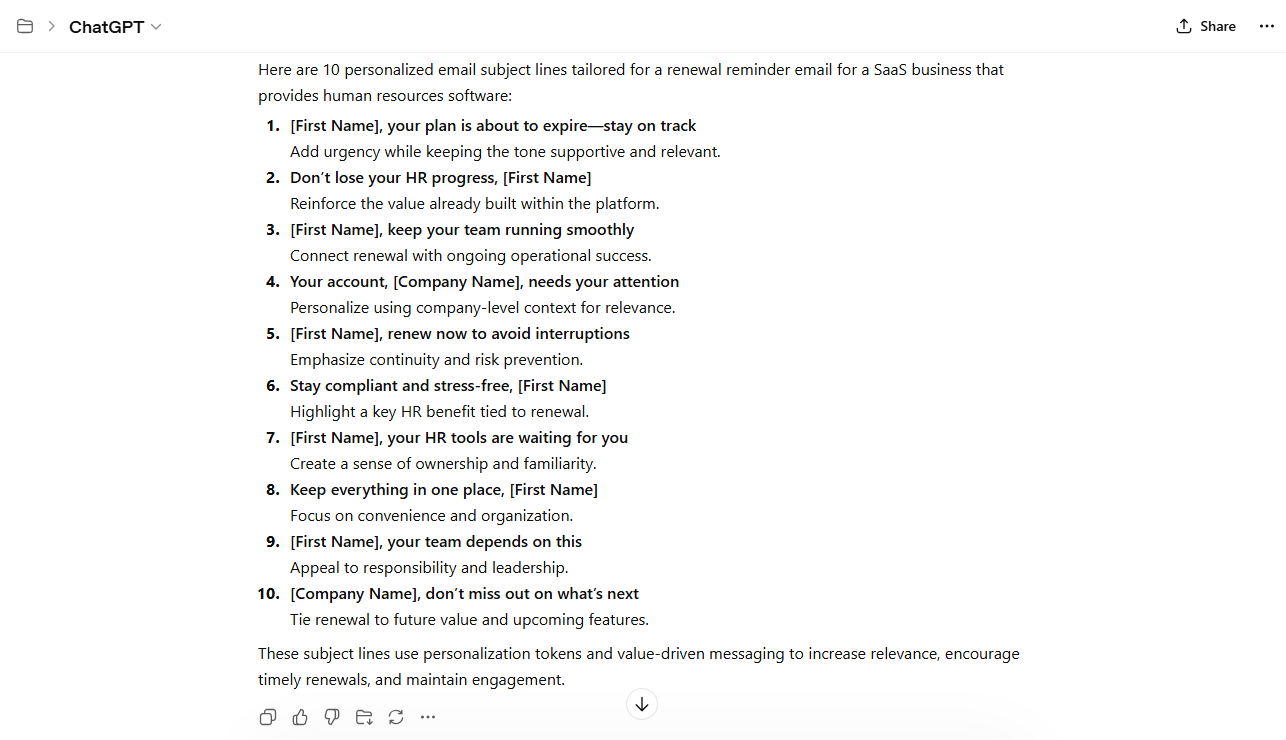 Chatgpt personalized subject lines prompt