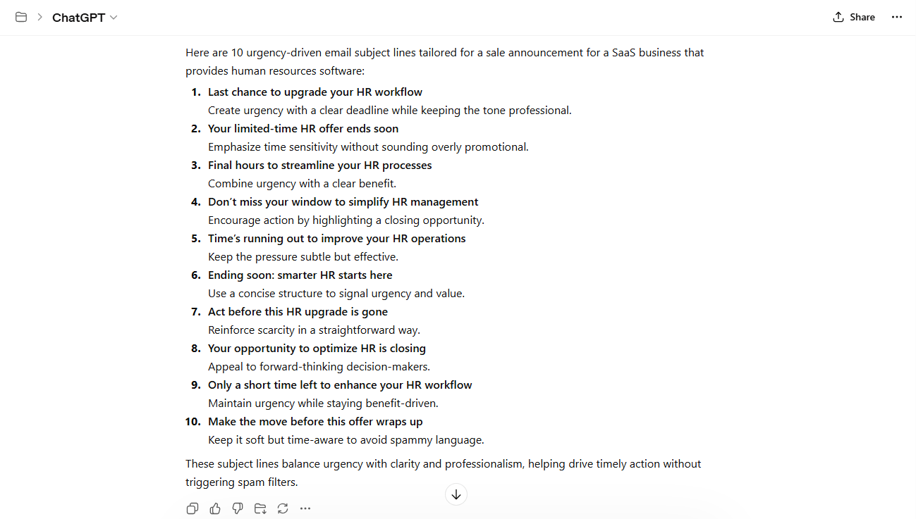 Chatgpt urgency and fomo subject lines prompt