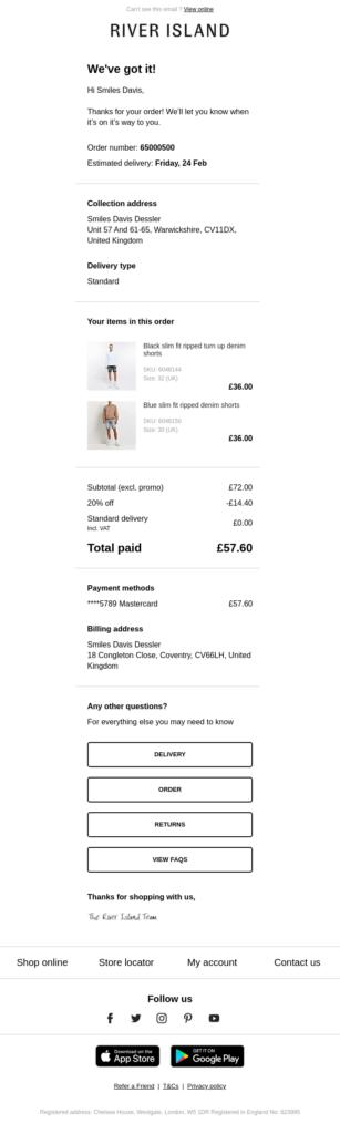 ASOS order confirmation email example