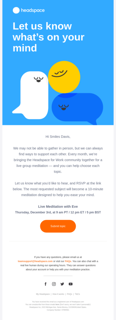 Headspace personalized email example