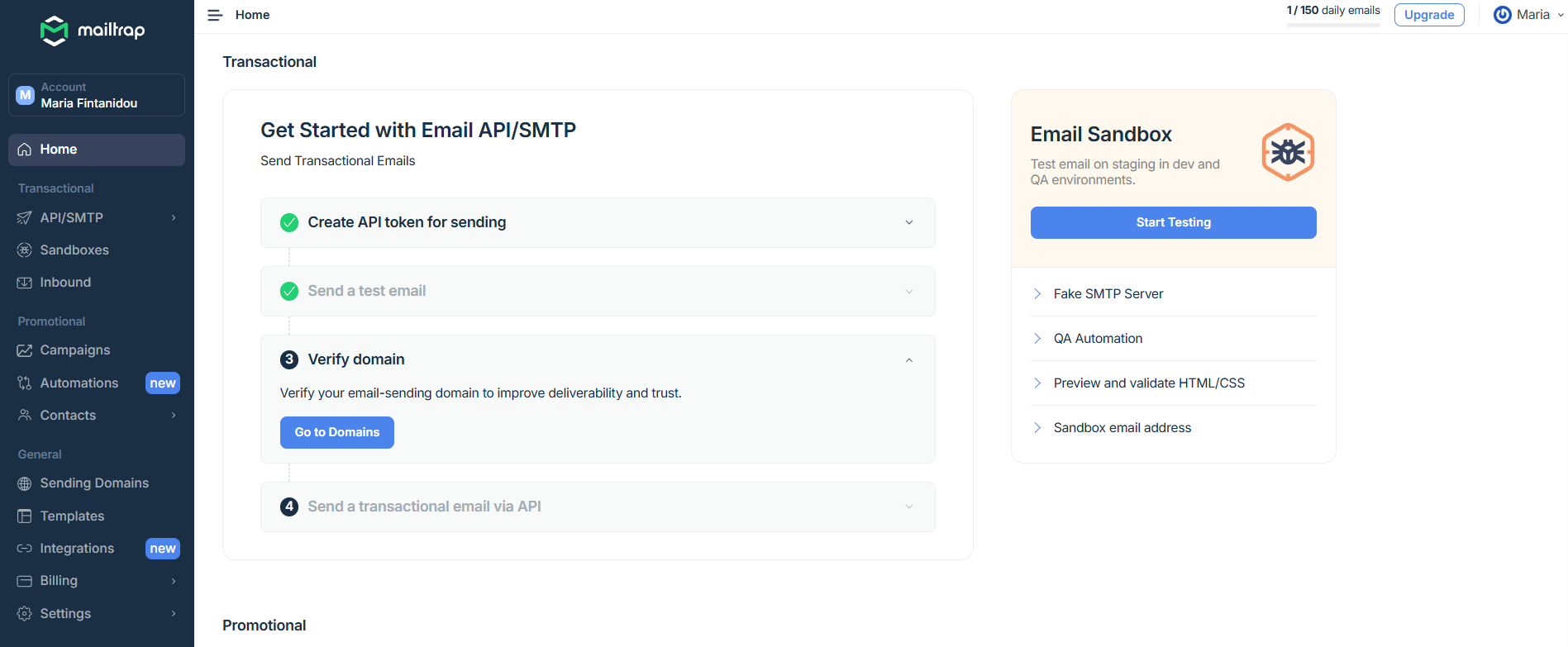 Mailtrap dashboard
