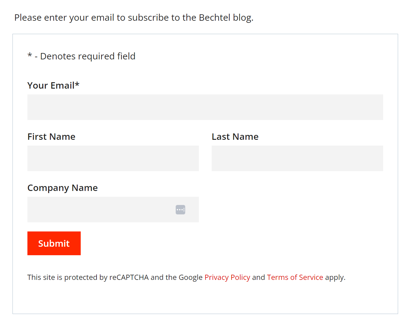 betchel newsletter signup form example from construction company