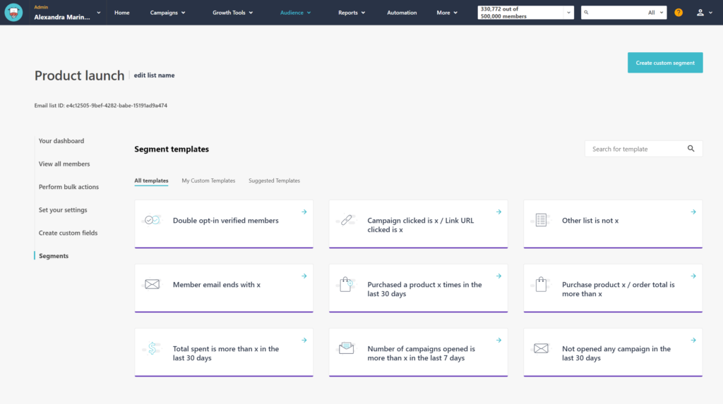 Moosend segmentation dashboard