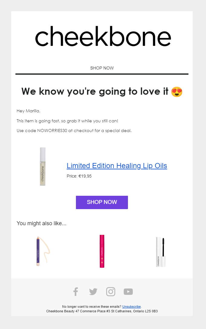 email personalization example by cheekbone beauty