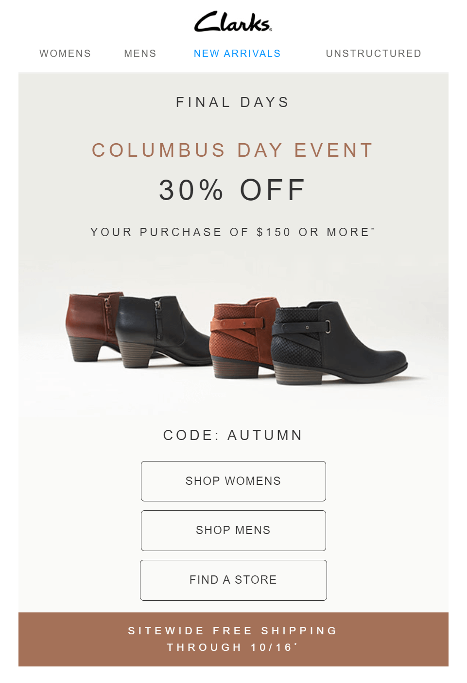 columbus day savings email by Clarks