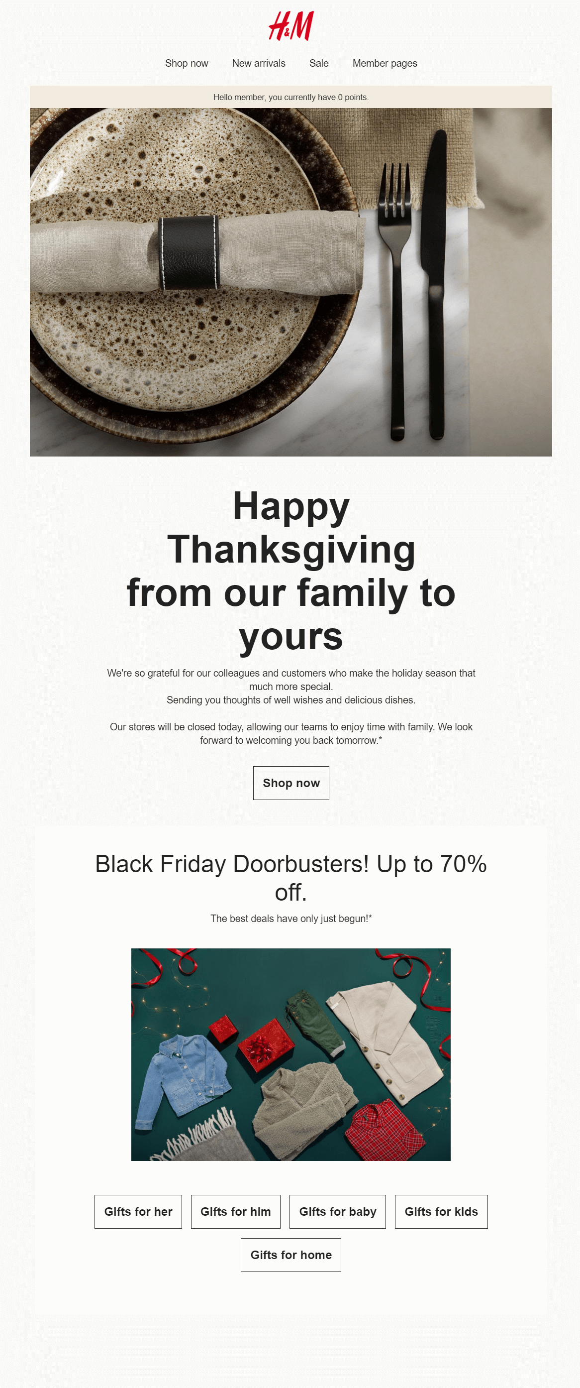 h&m black friday and thansgivign email