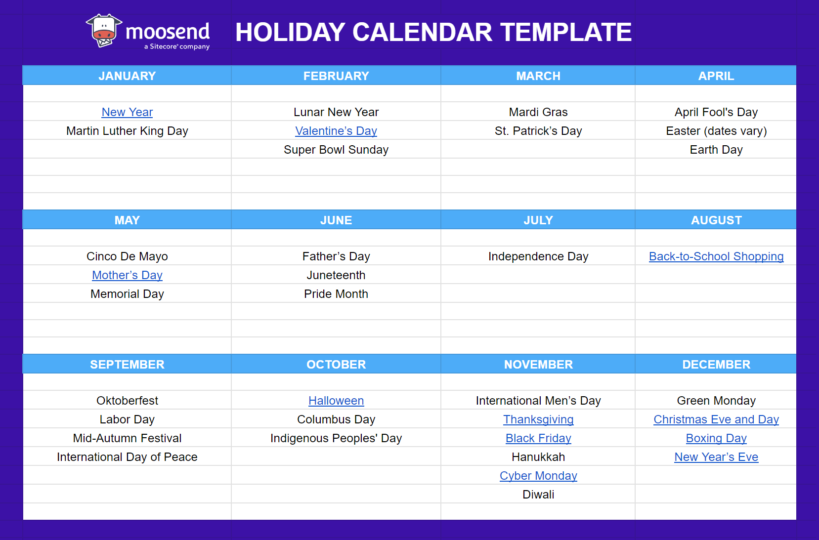 holiday email calendar template