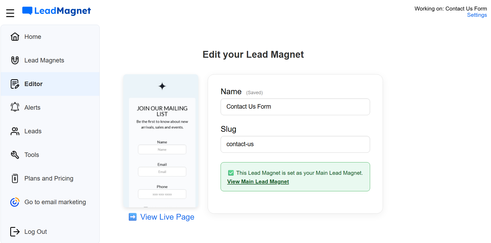 lead magnet platform screenshot editor