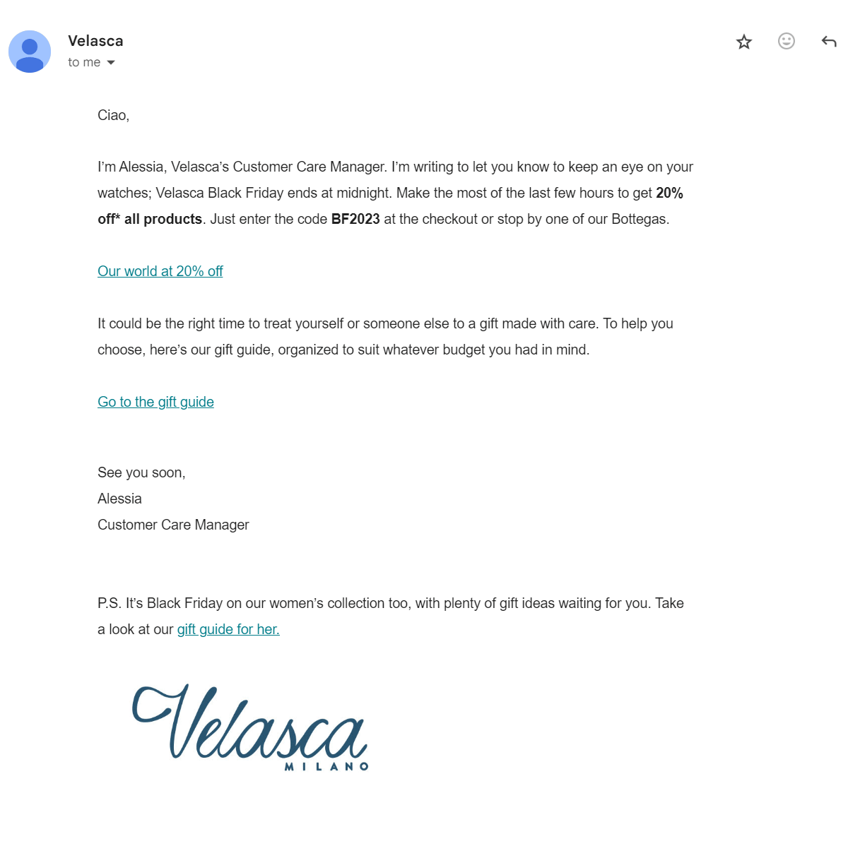 Velasca plain text sales reminder